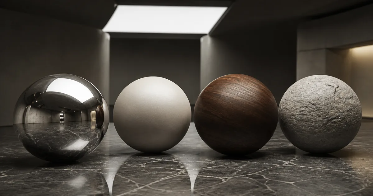 Metal, ceramic, wood, and stone material spheres arranged beneath a bright studio environment