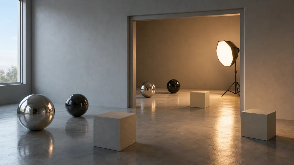 Neutral material validation stage with spheres, beveled cubes, a doorway, and two reflection zones