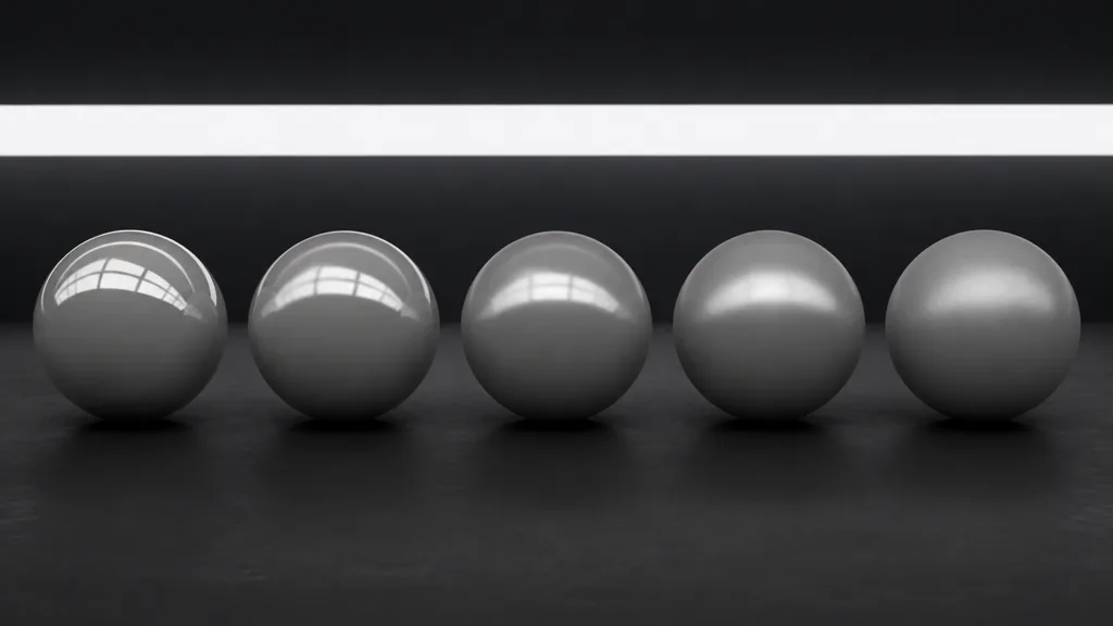 Row of identical spheres progressing from mirror-smooth to fully rough with reflections broadening coherently