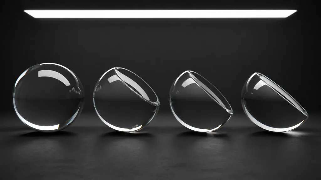 Four clear curved glass samples under one strip light showing stronger reflections toward grazing angles