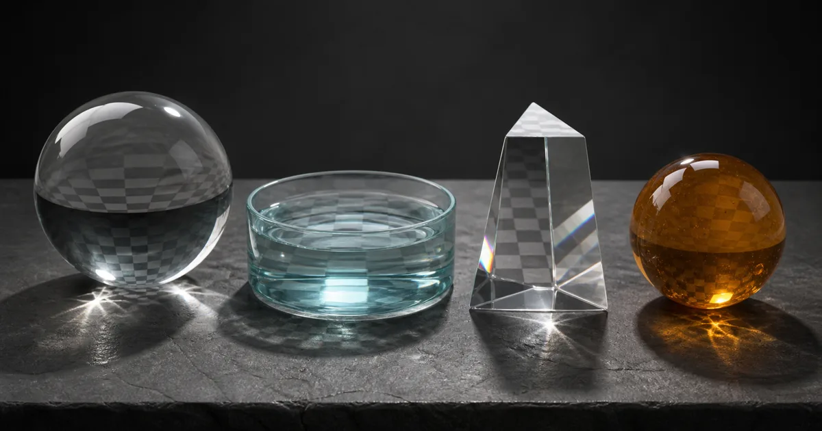 Clear glass sphere, water vessel, crystal prism, and amber resin sphere bending a checker pattern under studio lights