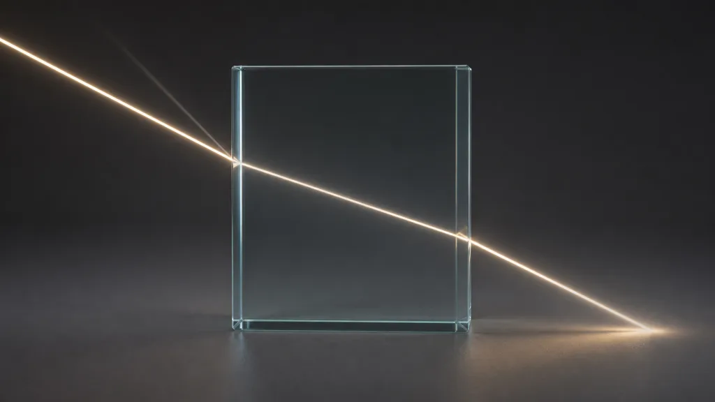 Single warm-white ray bending through a thick clear glass block with a faint reflected branch