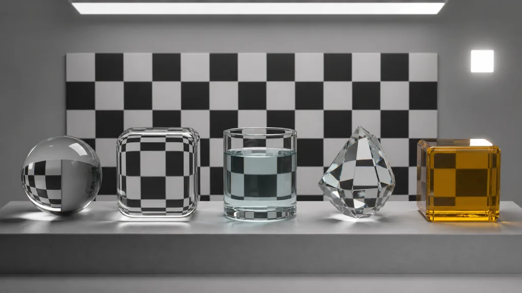 Glass sphere, rounded cube, water cylinder, crystal, and amber resin block bending a checkerboard in a neutral test rig