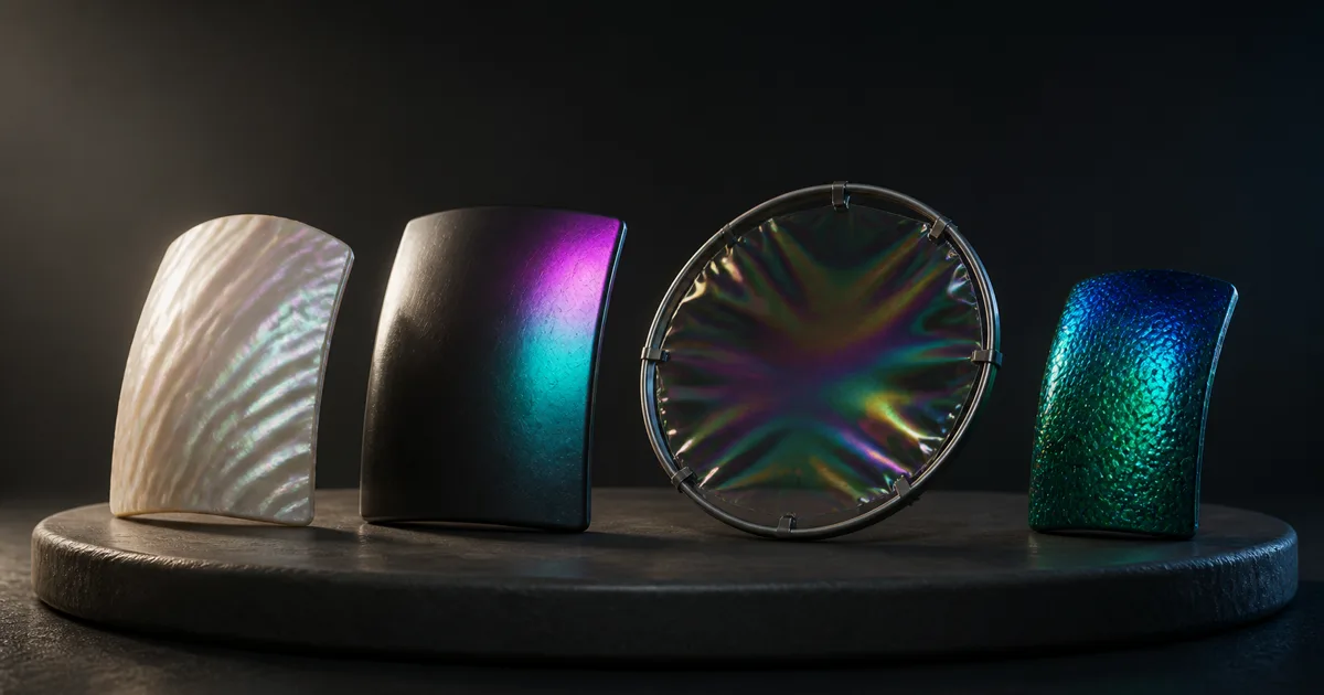Pearlescent shell, dark coated metal, soap film, and blue-green synthetic wing-inspired samples on a studio plinth