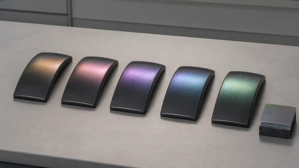 Five identical dark curved samples showing amber, pink, violet, blue, and green thin-film highlights under fixed white lighting
