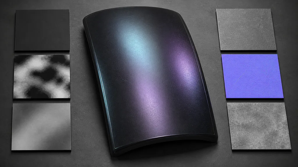 Dark iridescent curved panel surrounded by base-color, mask, thickness, roughness, normal, and height material swatches