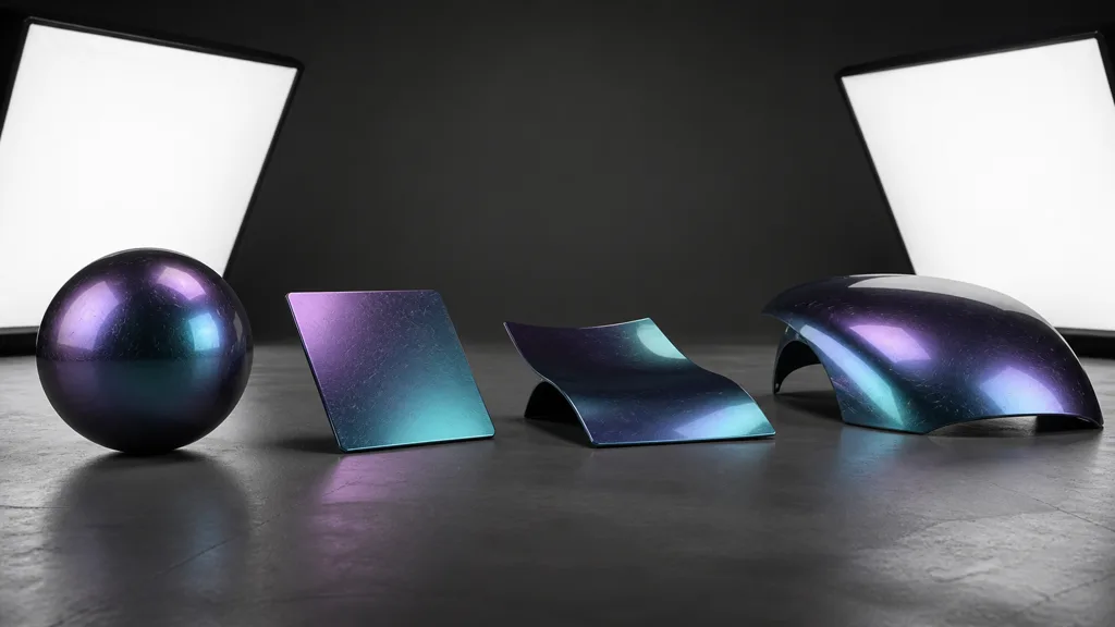 The same dark cyan-violet iridescent coating on a sphere, flat chip, folded sheet, and broad curved panel between neutral softboxes