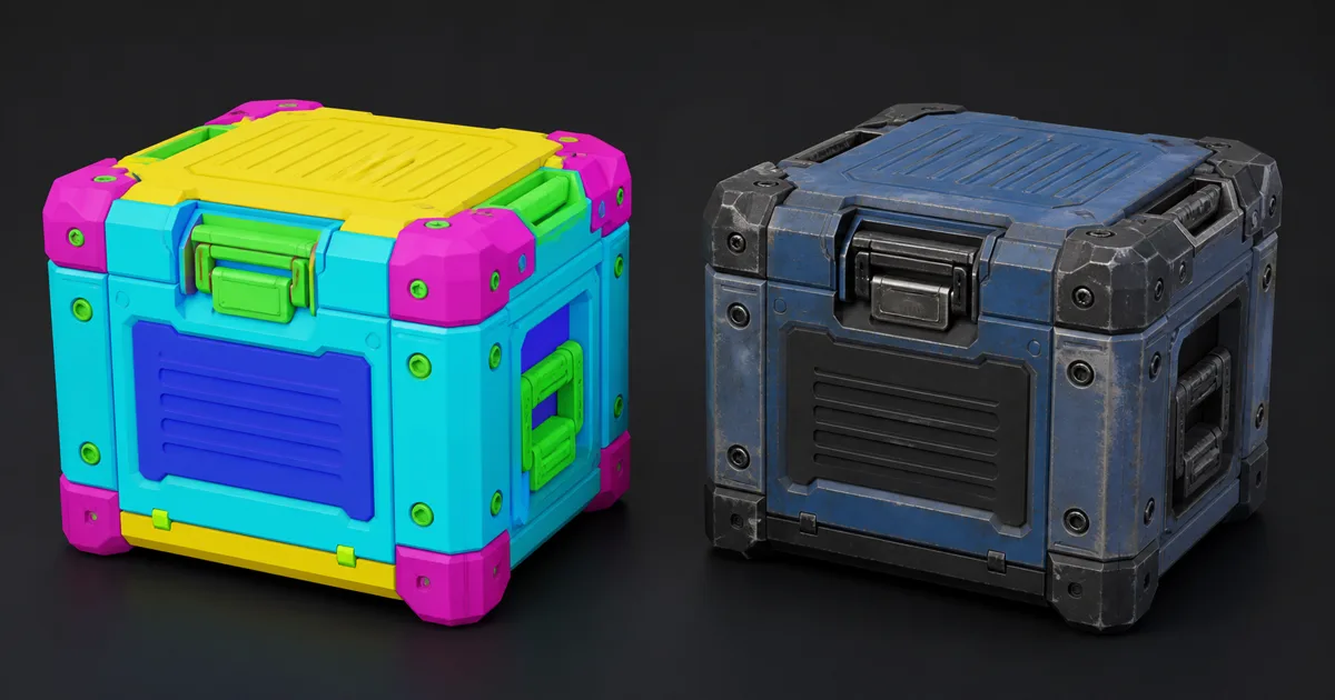 Matching industrial crates shown as flat cyan, magenta, yellow, green, and blue ID regions and as finished painted metal, steel, rubber, and plastic