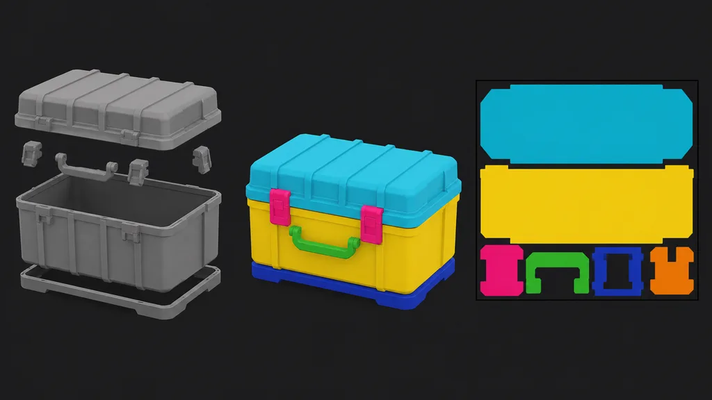 Gray exploded storage case, matching assembled case with flat colored material regions, and clean solid-color UV islands