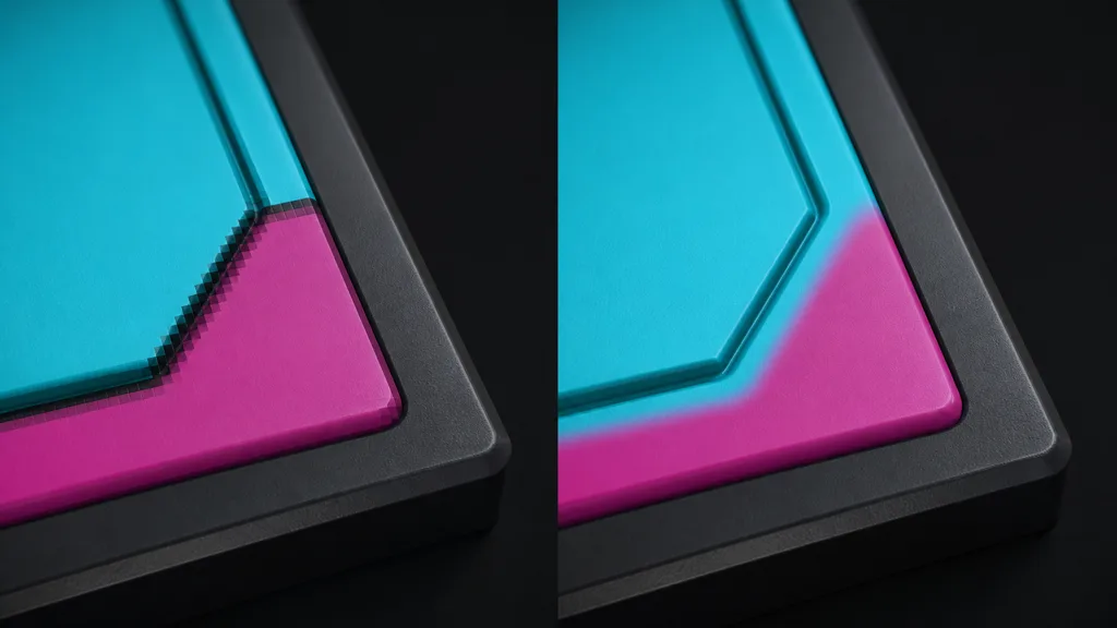 Two close views of the same cyan and magenta beveled mask boundary, one jagged with dark fringe pixels and one smoothly filtered