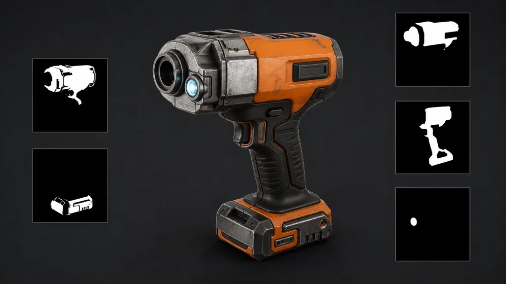 Finished orange, steel, and rubber power-tool prop surrounded by clean monochrome masks isolating its material regions