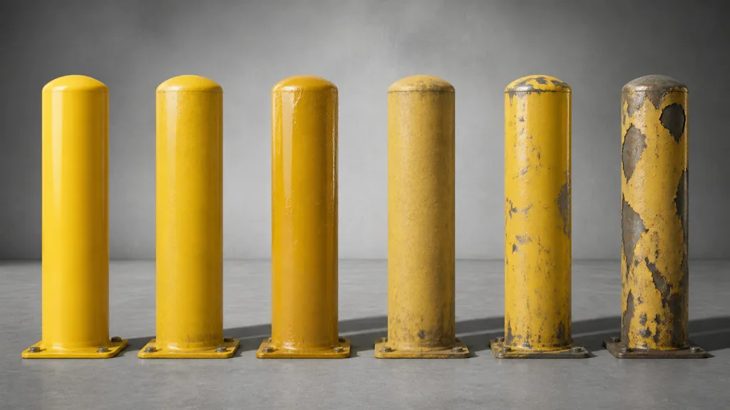 Six matching yellow steel bollards progressing through glossy, faded, dusty, chipped, and heavily worn material states