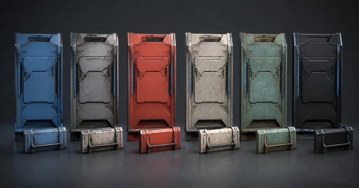 Six identical sci-fi wall panels using blue, gray, red, ceramic, oxidized copper, and black PBR material variants