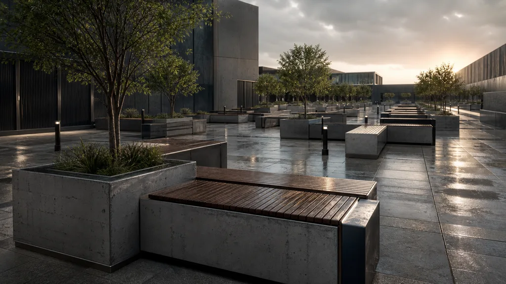 Wet architectural courtyard with repeated concrete planters, wood benches, and modular lights extending into the distance