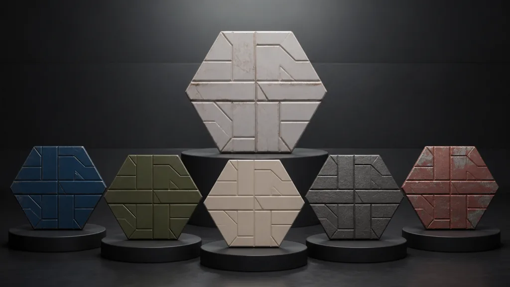 One pale parent hexagonal tile above five child tiles with matching geometry and varied blue, green, cream, gray, and worn-red surfaces