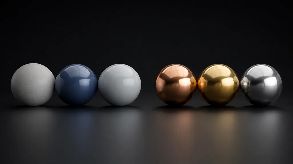Neutral dielectric spheres beside copper, gold, and silver metal spheres under matched studio lighting