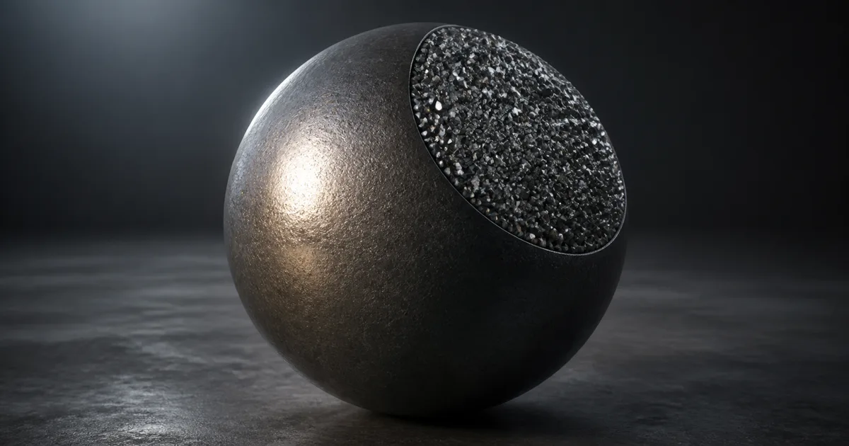 Cutaway material sphere revealing a dense field of microscopic reflective facets beneath a rough dark surface