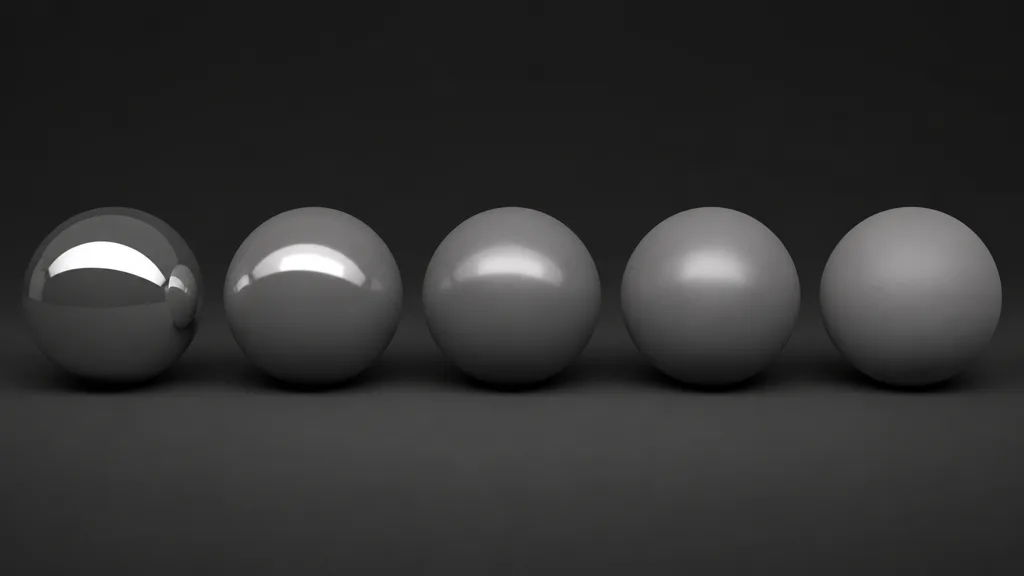 Five identical gray material spheres progressing from a sharp mirror highlight to a broad rough highlight