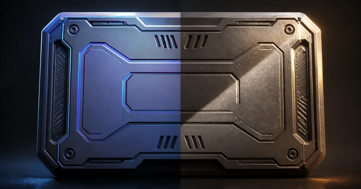 Hard-surface sci-fi panel split between a clean normal-mapped render and a version with visible diagonal shading seams