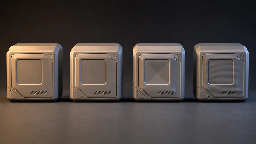 Neutral gray hard-surface test mesh under a rotating studio light with callout-free comparisons of clean, diagonal-seamed, mirrored, and wavy shading