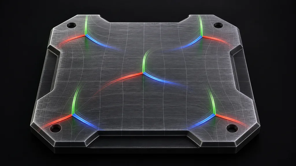 Close-up metal plate with colored tangent, bitangent, and normal direction ribbons following its UV-mapped surface