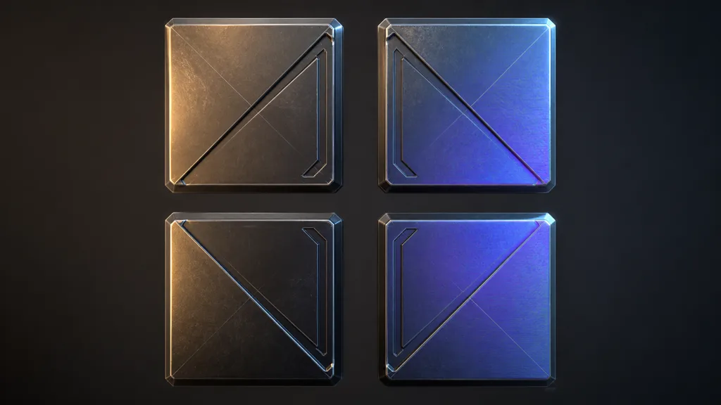 Four beveled panels showing alternate triangle diagonals and mirrored UV orientation through contrasting normal-map shading