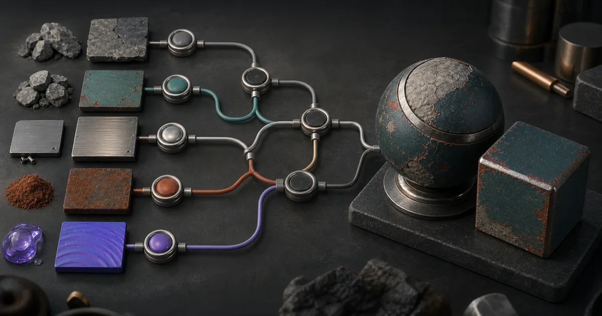 Stone, painted metal, rust, and normal-map samples connected through physical junctions to finished material test objects