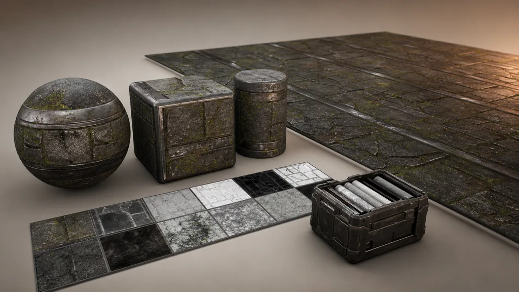 Mossy stone and metal material tested on a sphere, cube, cylinder, large tiled plane, and packed texture samples