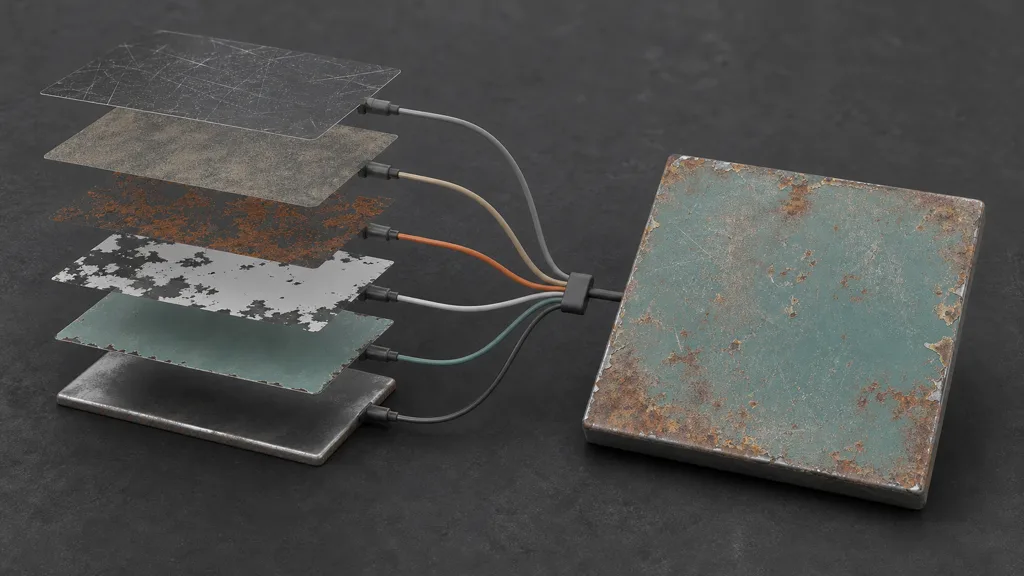 Exploded steel, paint, chip mask, rust, dust, and scratch layers connected into one weathered teal material tile
