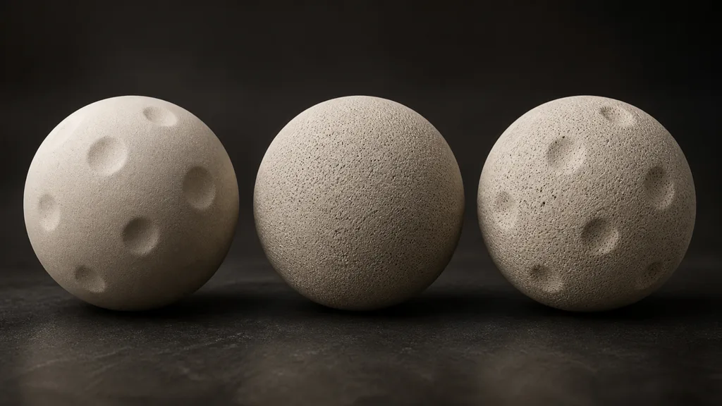 Three ceramic spheres showing broad dents, fine pores, and both details combined