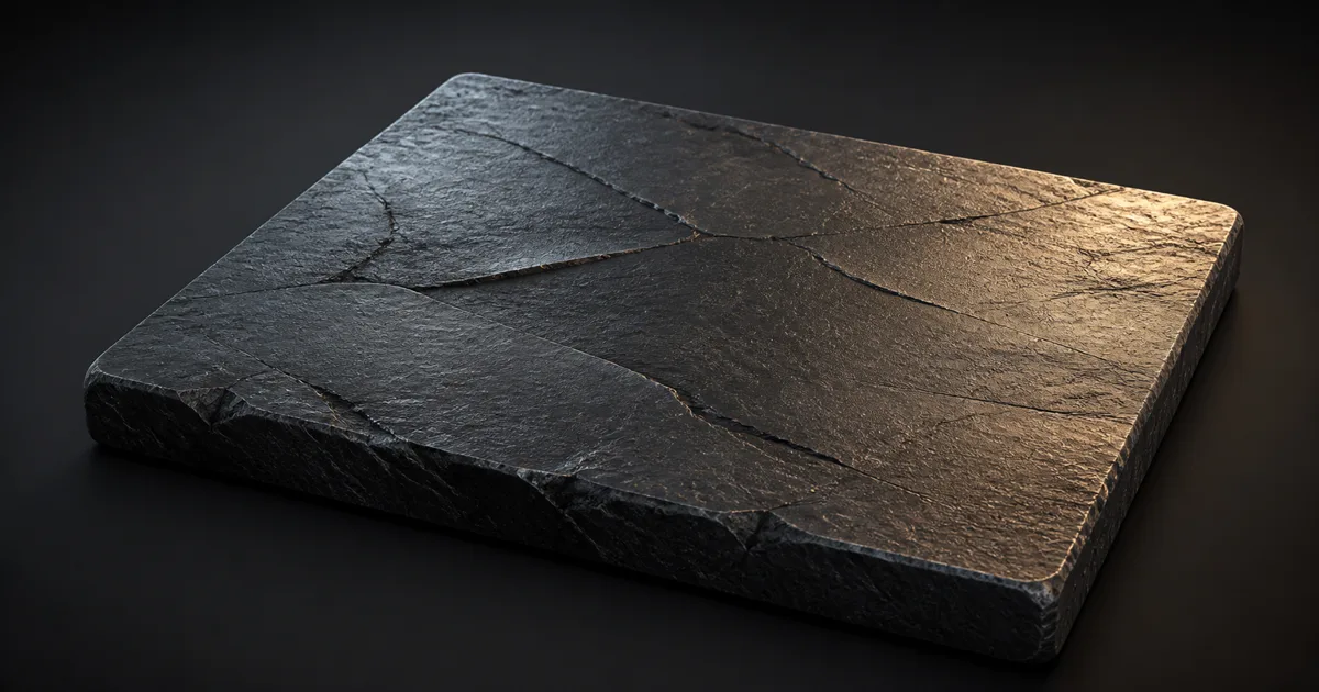 Dark slate slab showing broad chipped planes and fine surface scratches under grazing light