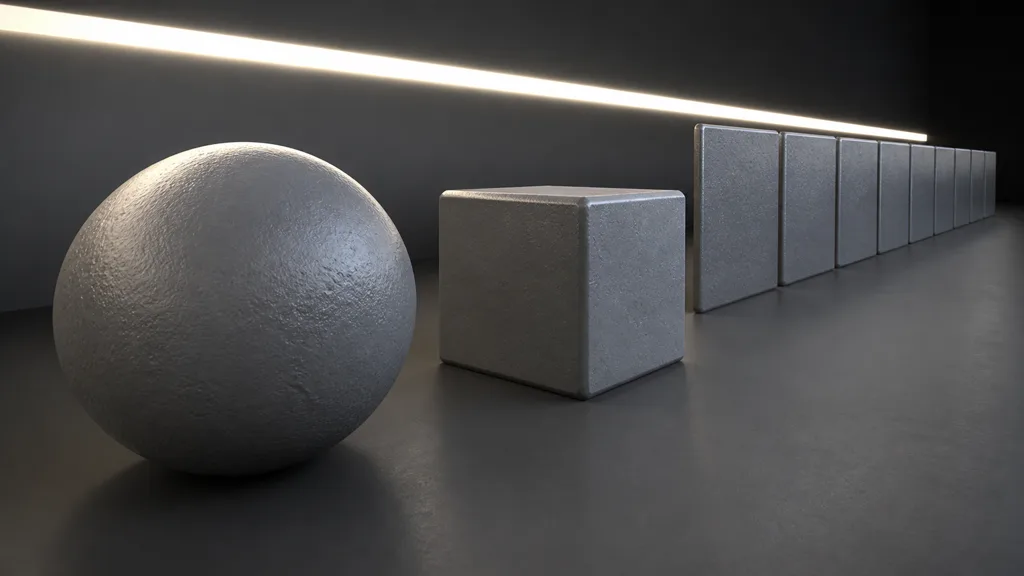 Neutral material test stage with sphere, cube, and receding tiles under a grazing strip light