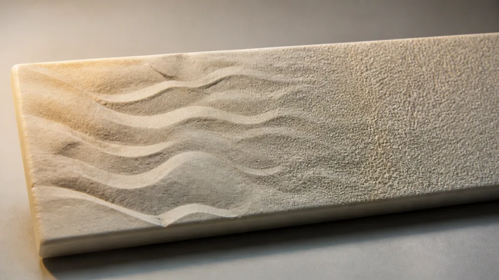 Limestone panel moving from broad carved waves into fine grain with a combined middle region