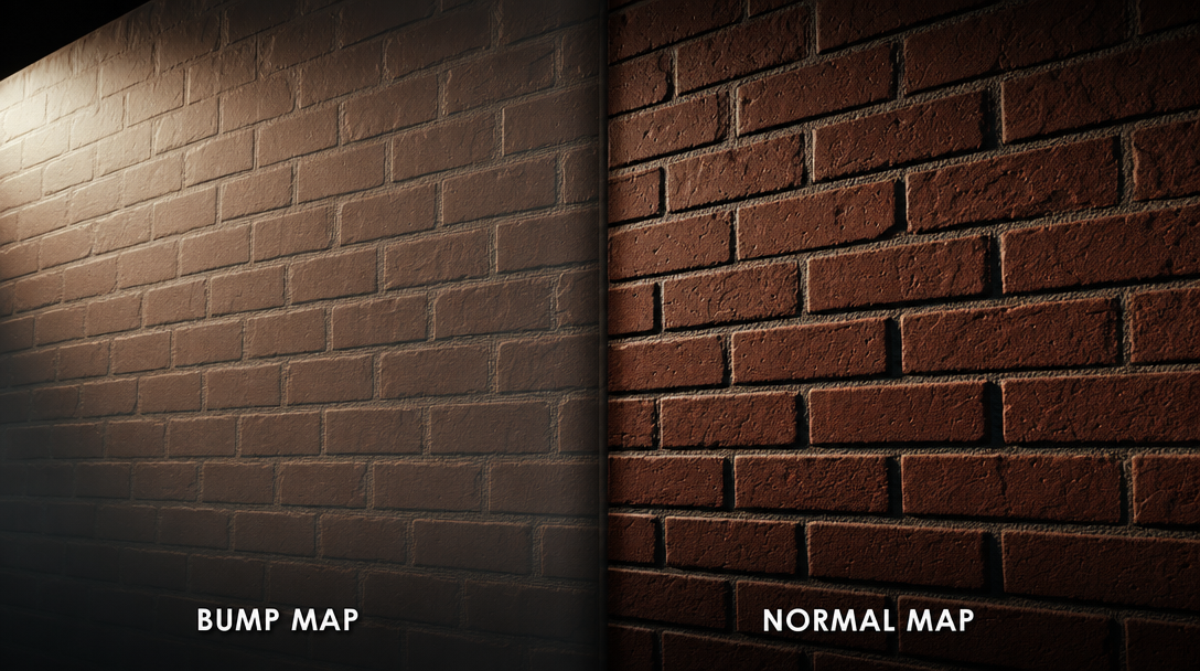 3D render comparison of the same brick wall lit identically with a bump map versus a normal map — the bump version looks soft and painted on, the normal version has crisp shadows in the brick grooves