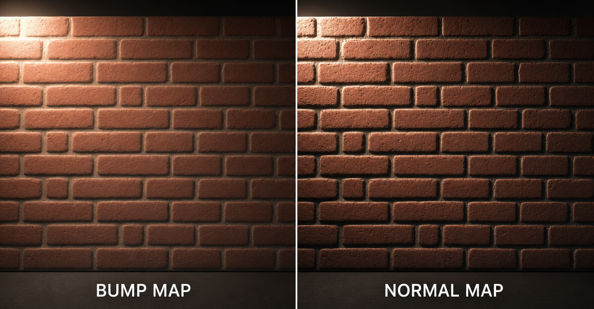 Split-screen 3D render — same brick wall lit with a grayscale bump map on the left and an RGB tangent-space normal map on the right