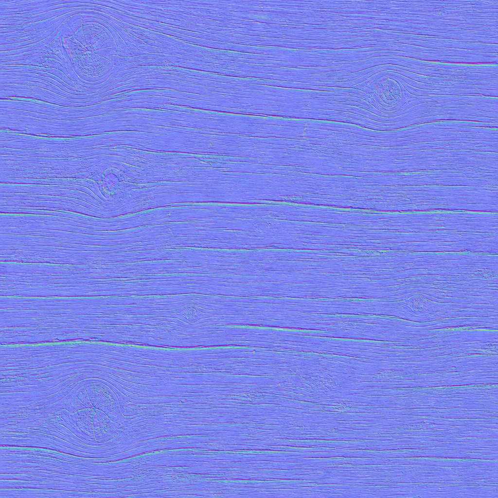 Tangent-space normal map texture for the same wood plank — predominantly light purple with subtle red and green shifts along the grain