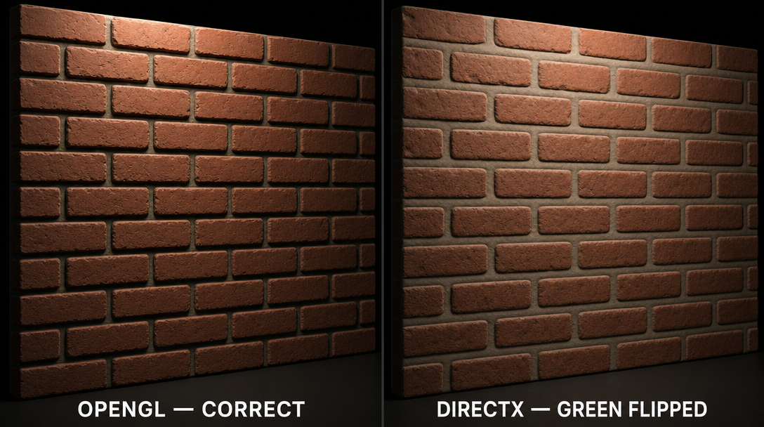 Same brick wall normal map rendered under OpenGL convention with raised bricks and under DirectX convention with dented bricks — illustrating the green channel flip
