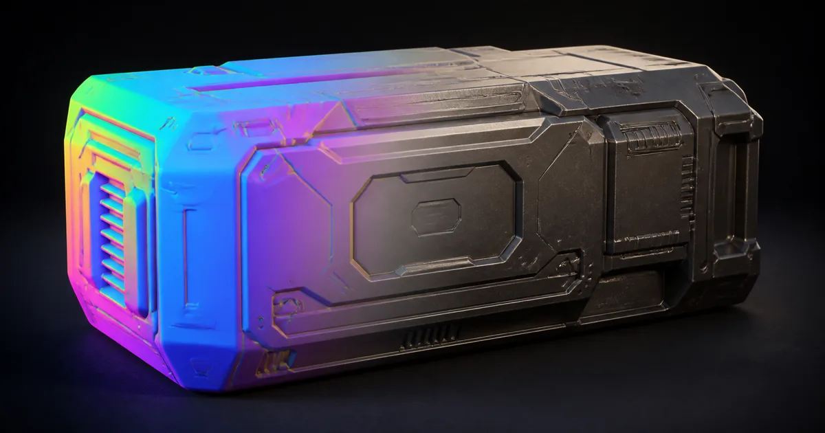 Rigid mechanical case transitioning from rainbow object-space normal colors to shaded dark metal