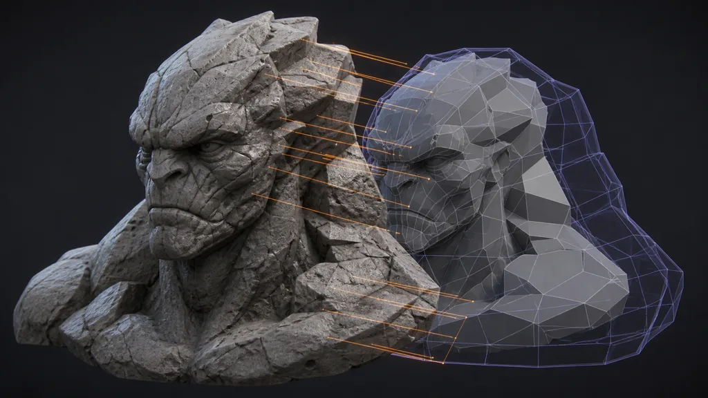 High-poly stone creature bust transferring detail through bake rays and a wireframe cage to a low-poly mesh
