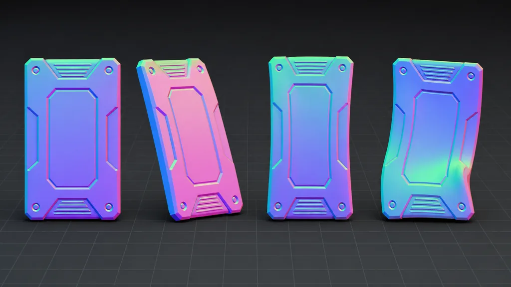 Four mechanical panels testing original orientation, rotation, scale, and deformation under directional normal colors
