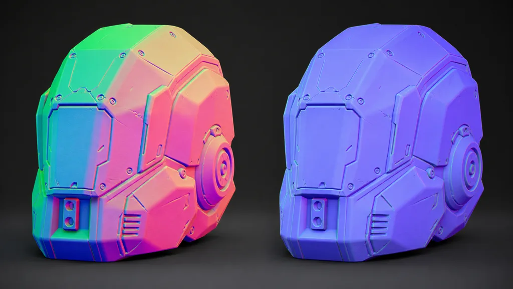 Identical mechanical shells showing rainbow object-space colors and blue-purple tangent-space colors