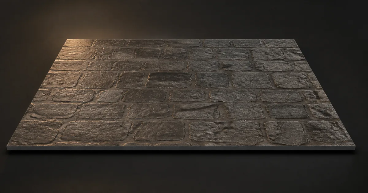 Thin rectangular cobblestone slab whose flat outer edge contrasts with deep-looking joints across its surface