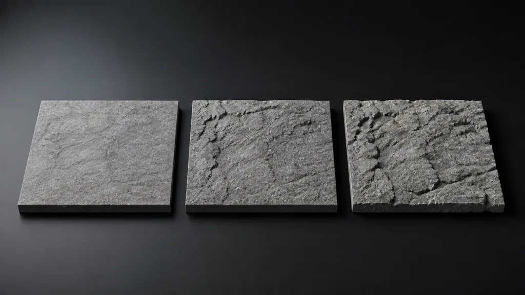 Three matching stone slabs progressing from flat shading detail to apparent inset depth and finally true broken-edge geometry