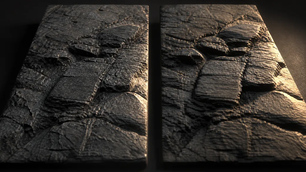 Matching rocky surfaces where the right sample shows blocky stair-step bands and broken depth at a grazing angle