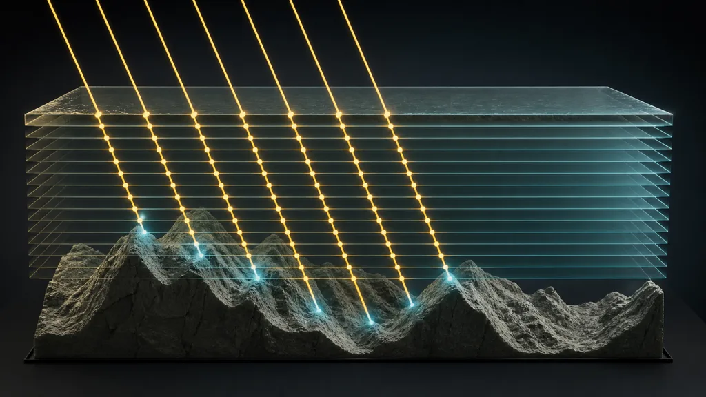 Oblique light rays stepping through translucent depth layers until they intersect a rocky height field