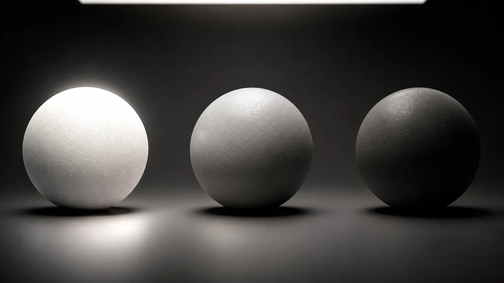 Three matching rough spheres showing excessive brightness, balanced shading, and excessive energy loss