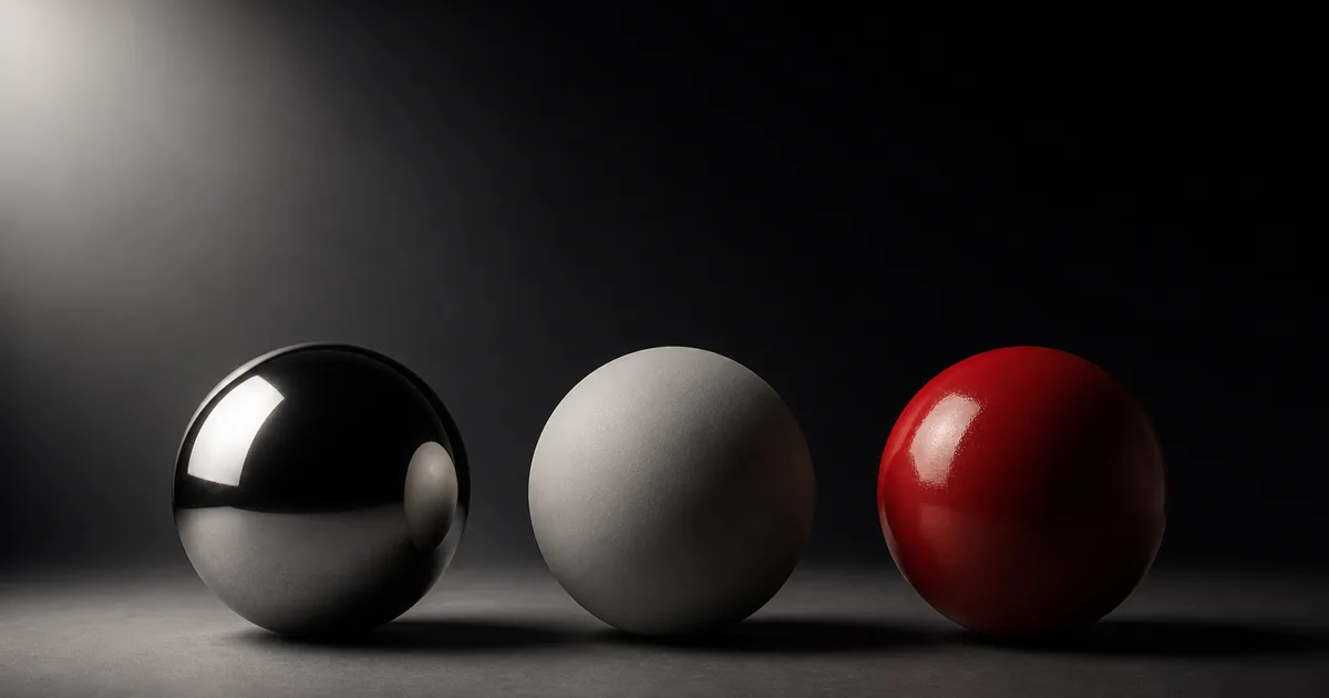 Black metal, matte ceramic, and red coated spheres under one controlled studio light
