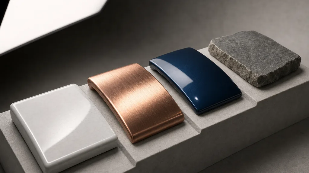 White ceramic, brushed copper, blue coated paint, and rough stone samples under grazing studio light