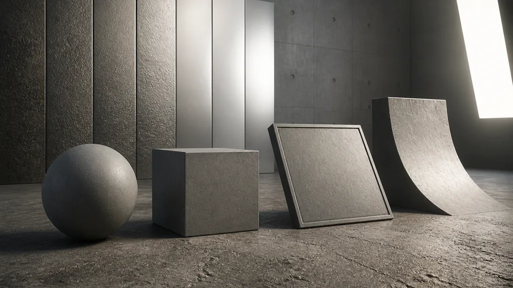 Neutral PBR validation stage with sphere, cube, beveled panel, curved ramp, rough floor, and grazing light