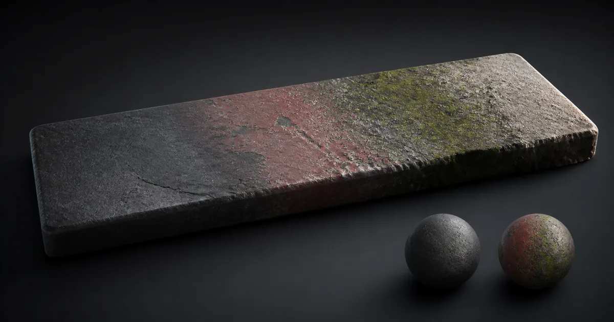 Long stone slab changing from bare dark substrate through worn red coating, moss, and pale mineral dust beside two material spheres